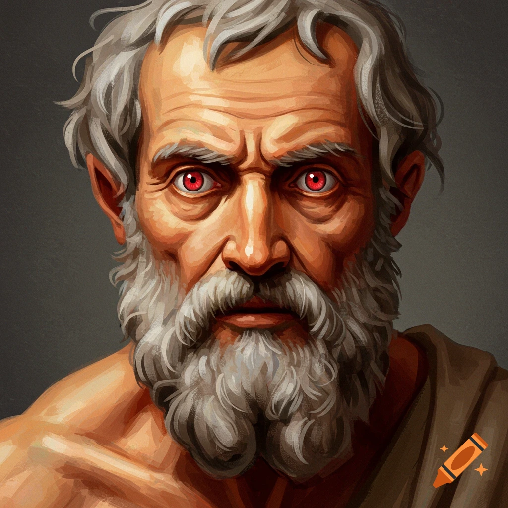 Portrait of an older man with a beard and intense red eyes.