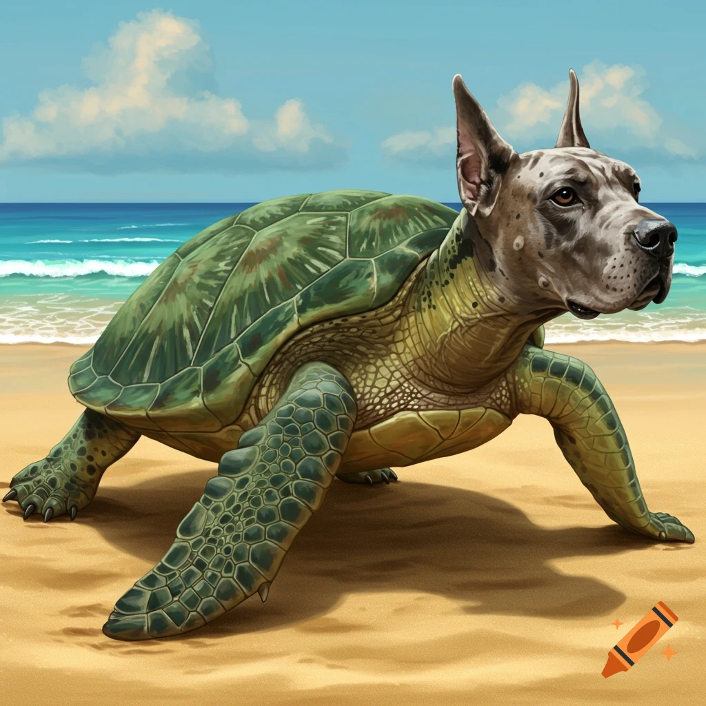 A sea turtle with Great Dane legs and head on a beach.