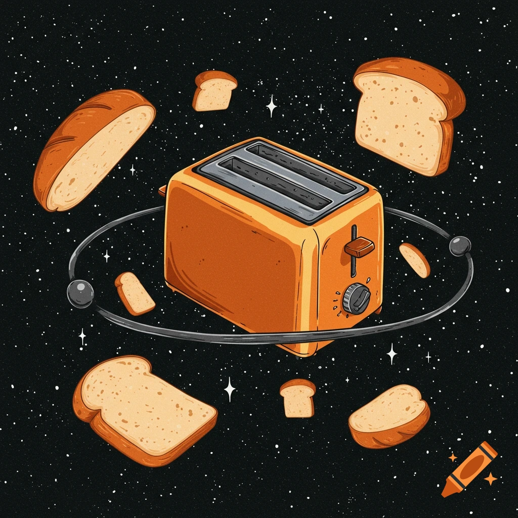 Surreal illustration of a toaster with bread slices orbiting it in space.