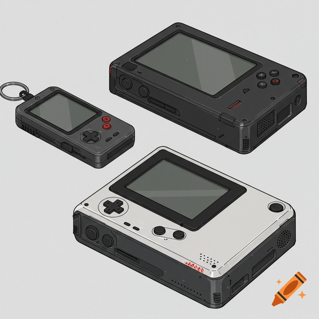 Three stylized gaming handhelds, one small keychain-sized, one rectangular black, one larger white, arranged on a gray background.
