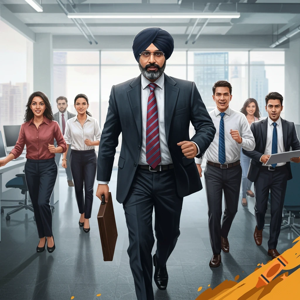 A diverse group of business people, led by a man in a turban and suit, walking through an office.
