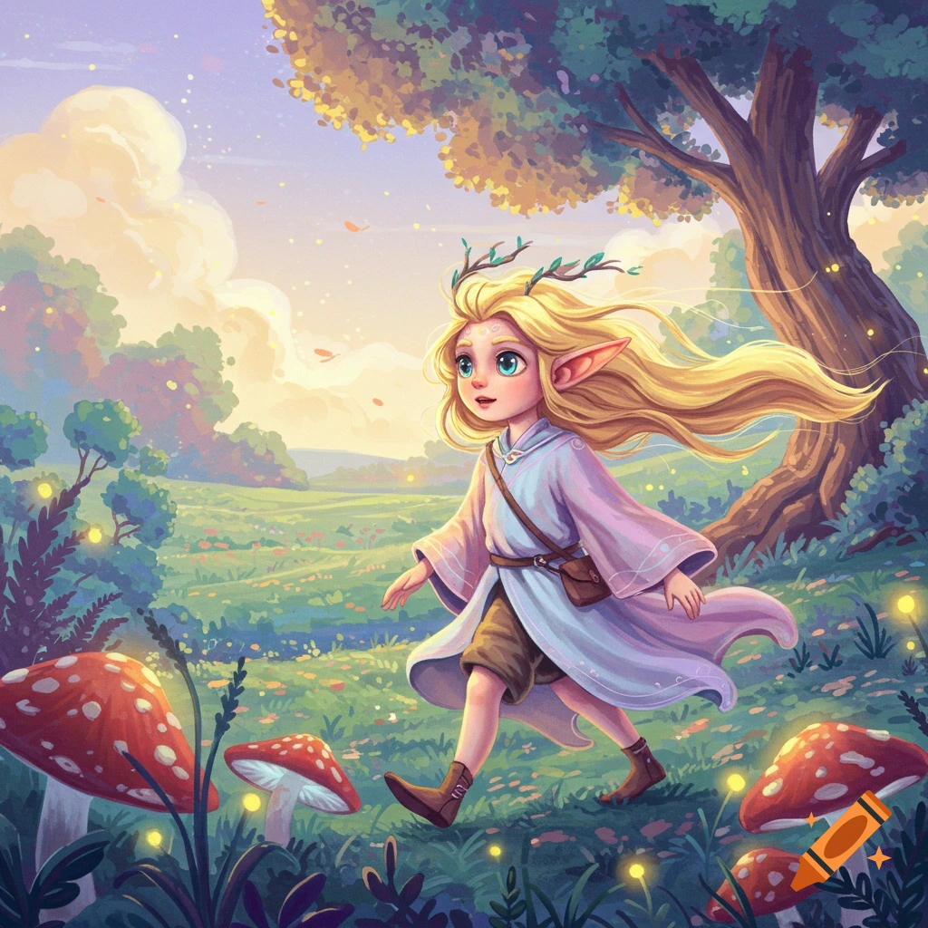 An illustration of a blonde elf-like creature walking through a magical forest with glowing lights and large mushrooms.