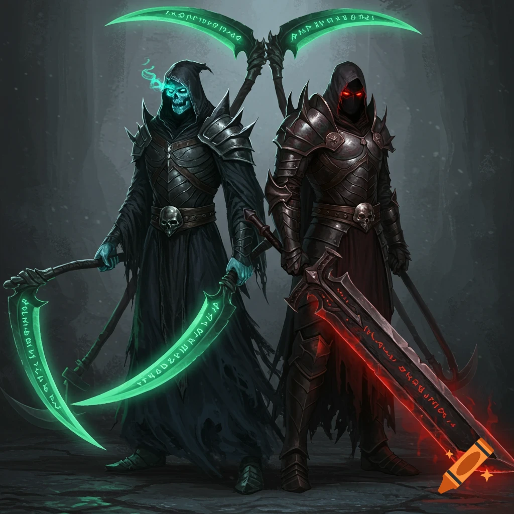 Two fantasy warriors in dark armor, one a wraith with glowing green scythes, the other a shadow with a glowing red sword.