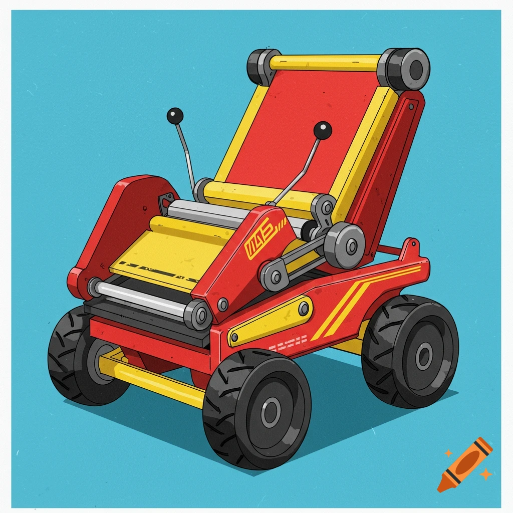 A stylized illustration of a red and yellow folding machine on wheels.