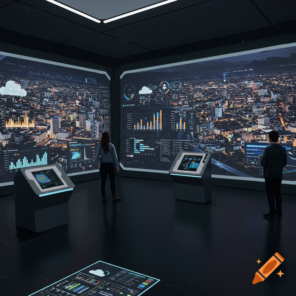 People in a dark room view screens showing city statistics and skyline views.