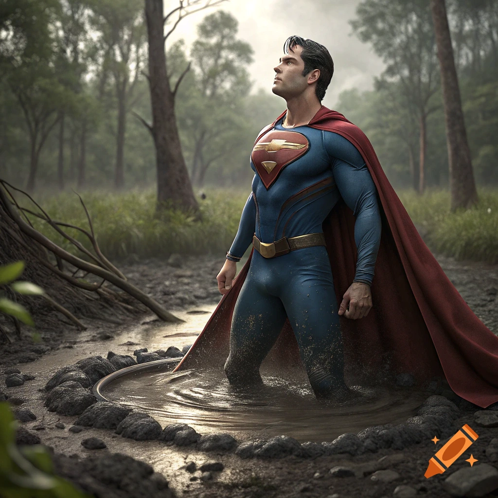 Photorealistic image of Superman standing in a mud puddle in a forest.