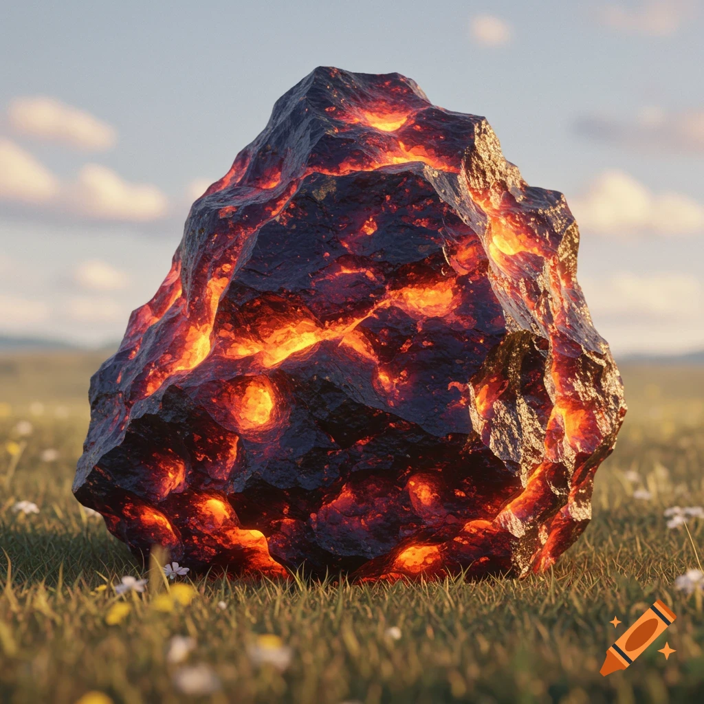 A large dark rock glowing with internal orange light sits in a grassy field under a cloudy sky.