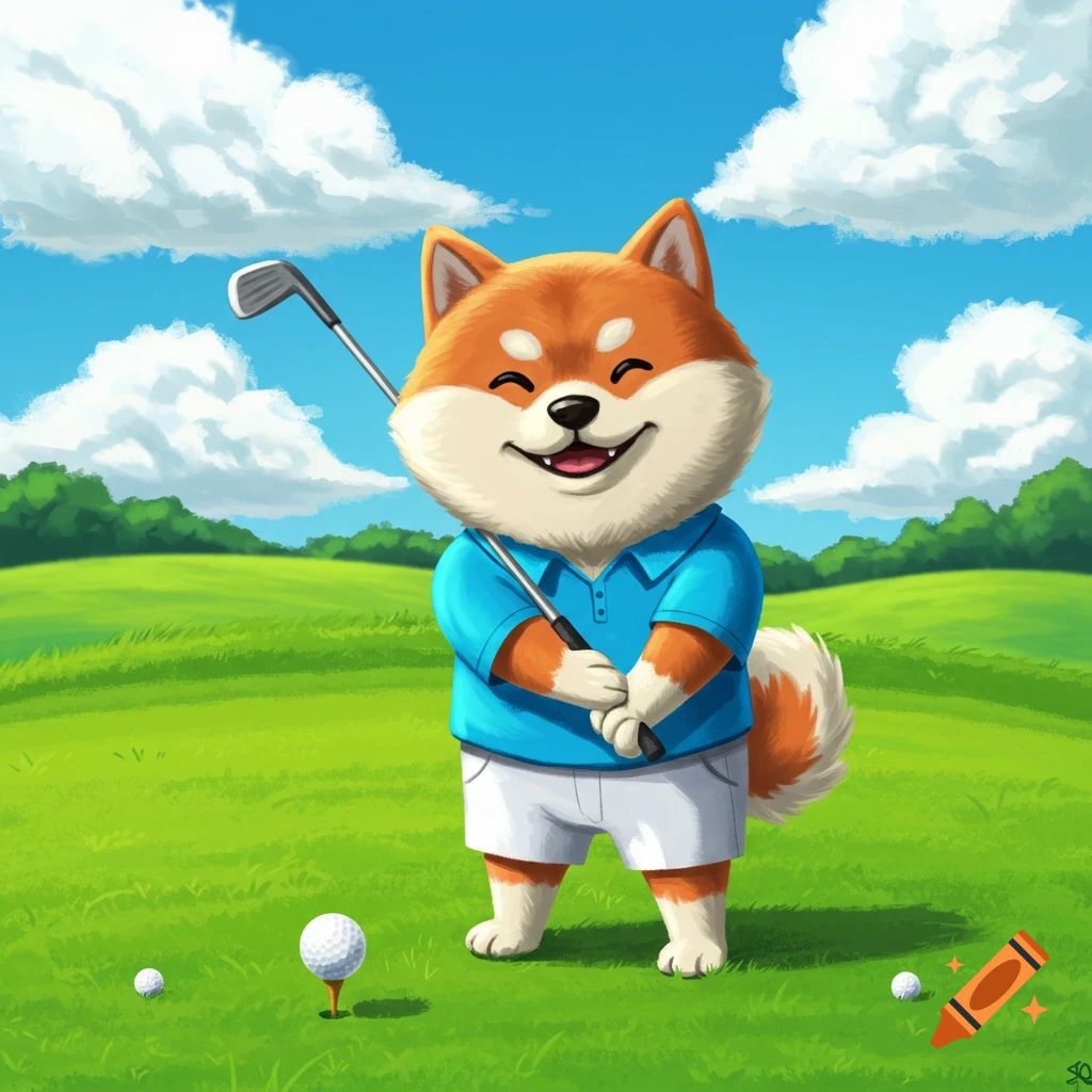 A cartoon Shiba Inu dog stands on a golf course with a club, ready to hit a golf ball on a tee. The dog wears a blue polo shirt and white shorts.