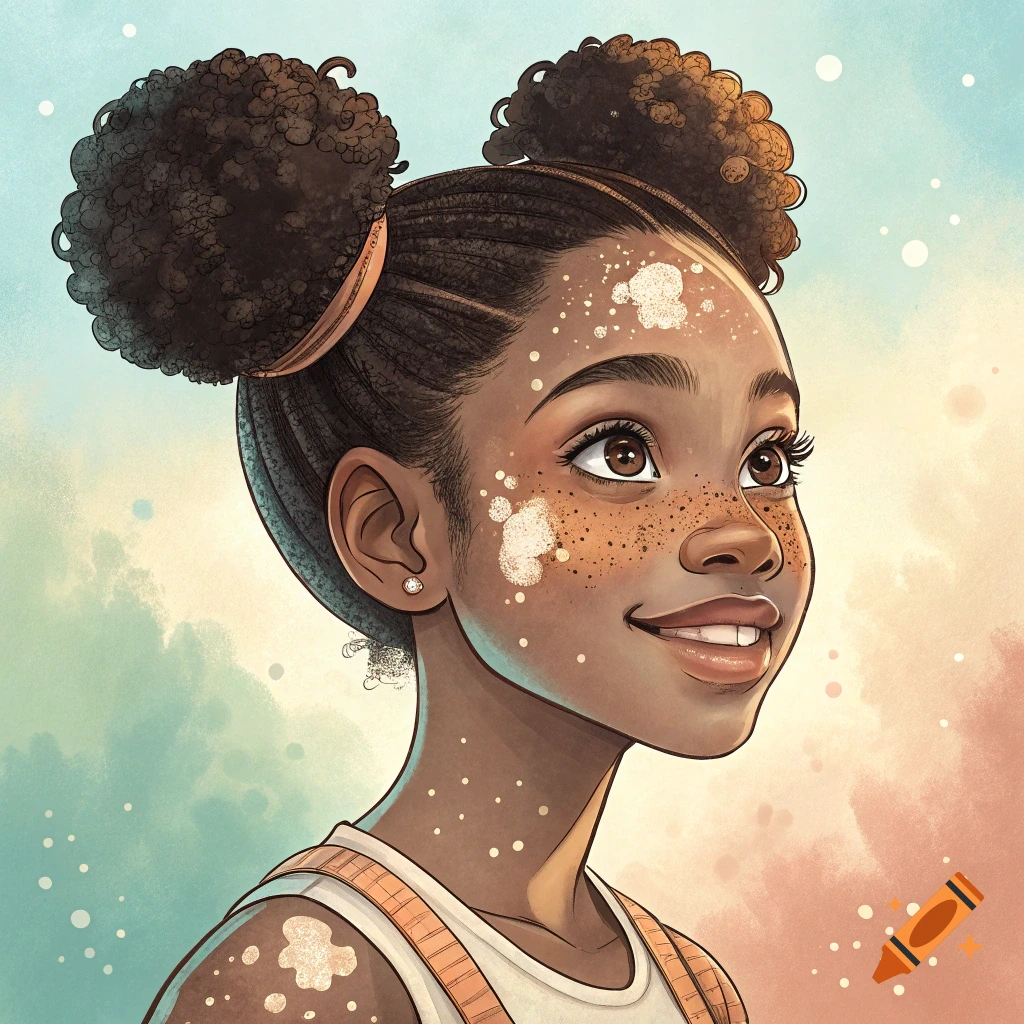 Illustrated portrait of a young Black girl with space buns and vitiligo patches.