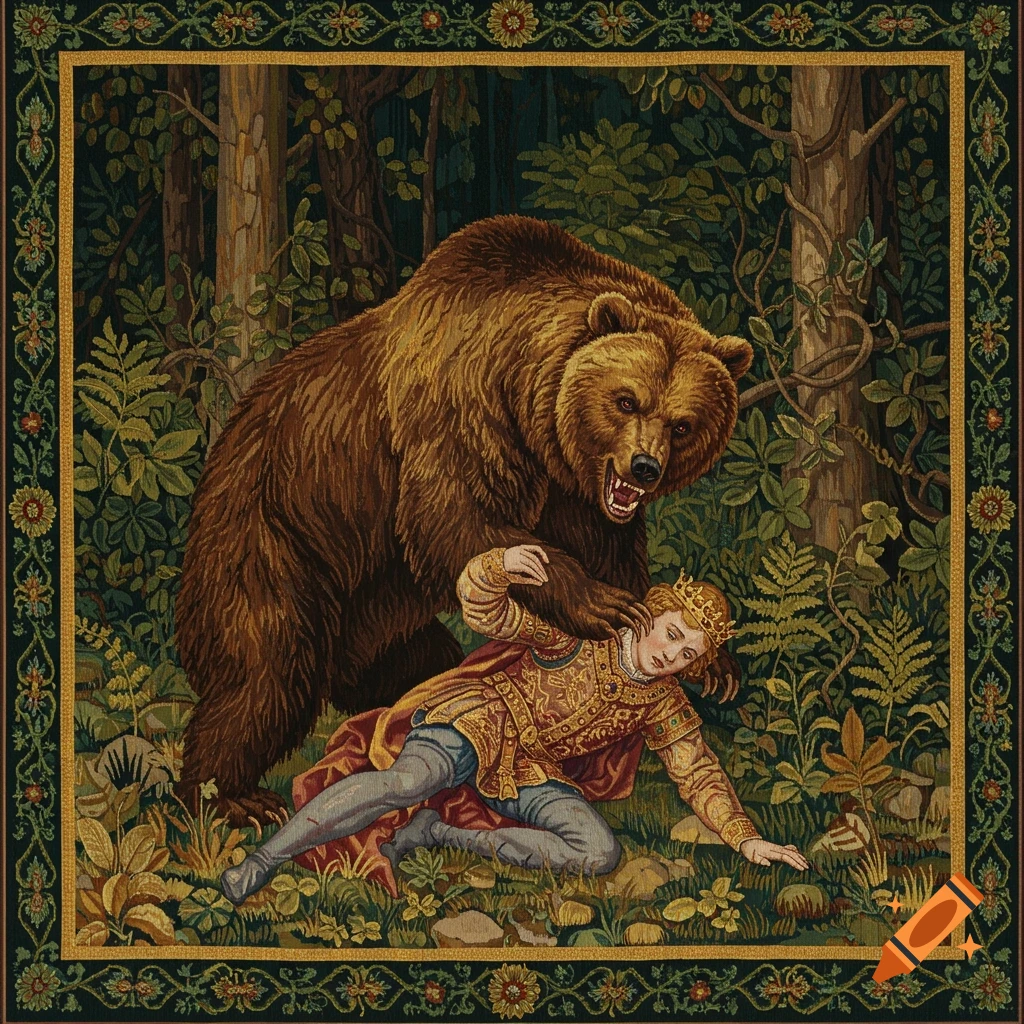 A bear attacks a person wearing a crown in a forest tapestry.
