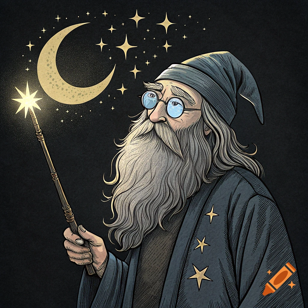 Illustration of a wizard with a long beard and glasses holding a glowing wand under a crescent moon and stars on a black background.