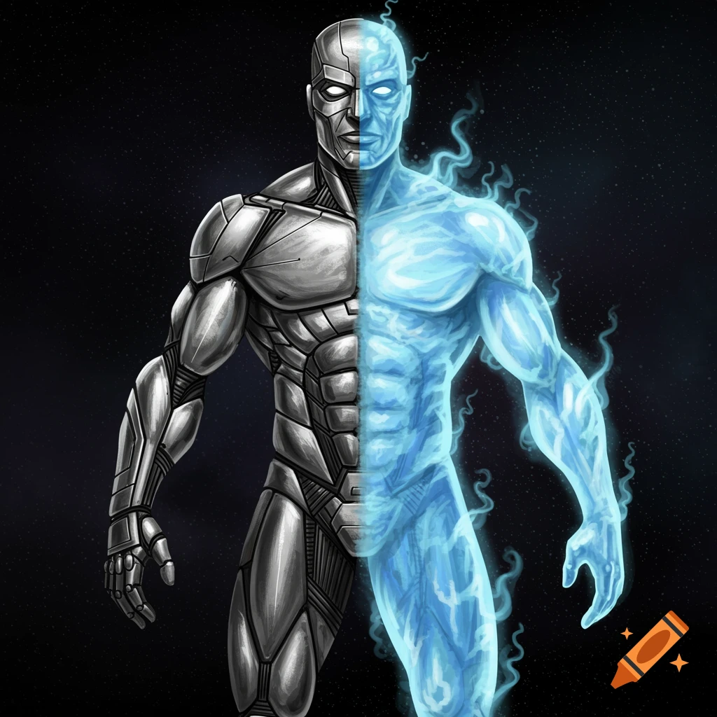 A figure split between metallic and glowing blue energy forms against a space background.