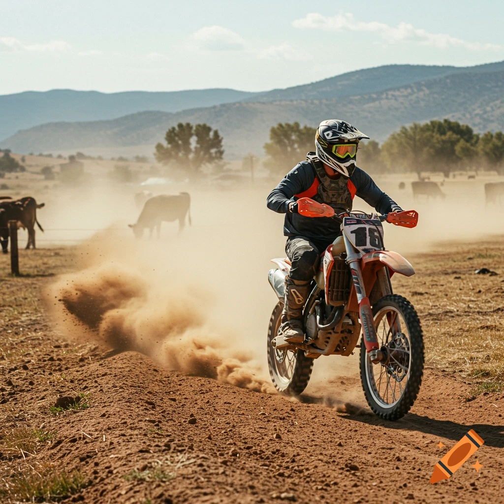 Person rides dirtbike on a dusty track on a ranch with cows in background