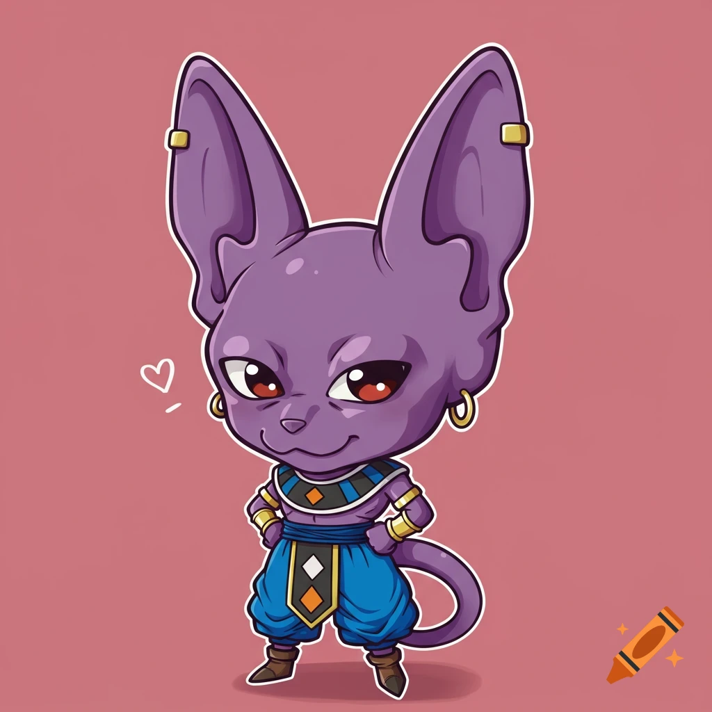 A chibi anime character with purple fur, large ears, and gold jewelry stands against a pink background.