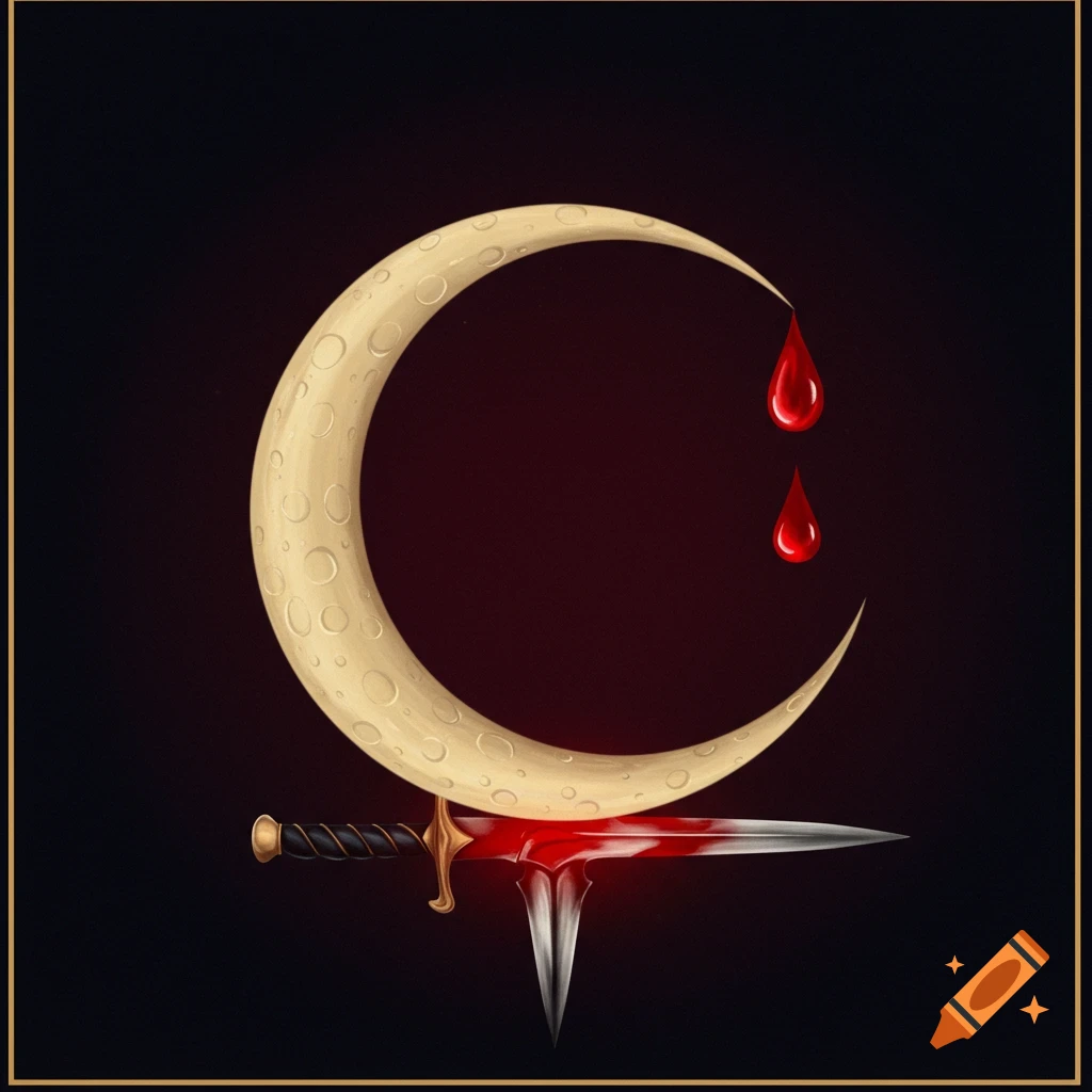A crescent moon with blood droplets and a bloody dagger beneath it, on a dark background.