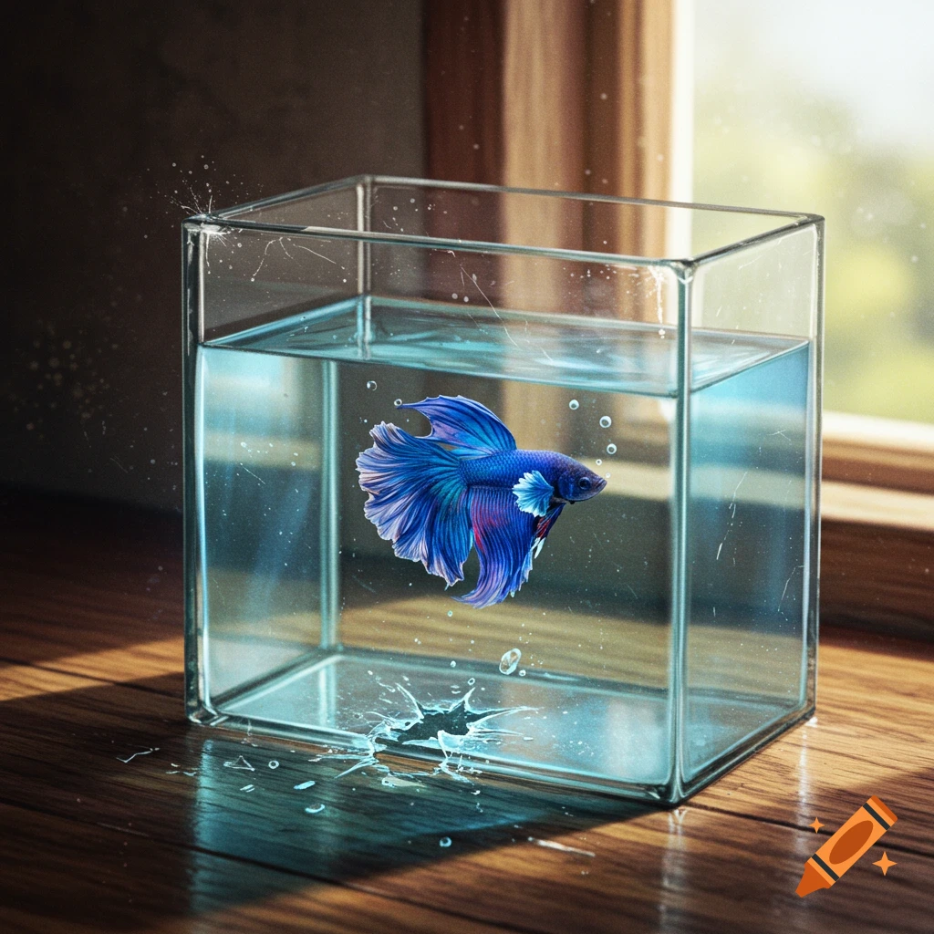 A blue betta fish swims in a square glass tank on a wooden table near a window, with water splashing.