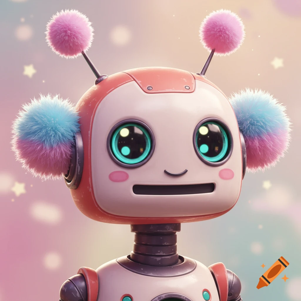 A portrait of a cute robot with fluffy pom-poms.