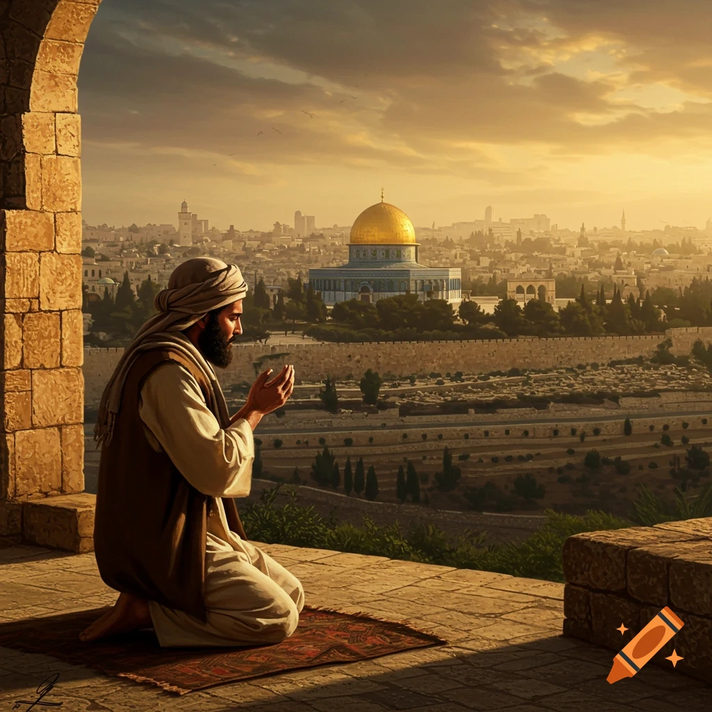A man prays on a mat overlooking the Jerusalem skyline with the Dome of the Rock at sunset.