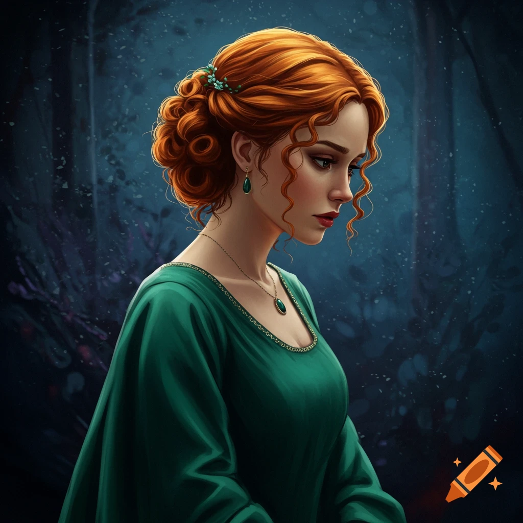 A woman with red hair in a green dress.