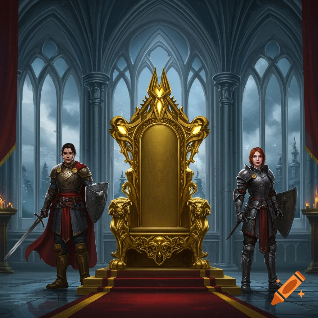 Two armored figures stand beside a golden throne in a large gothic hall.