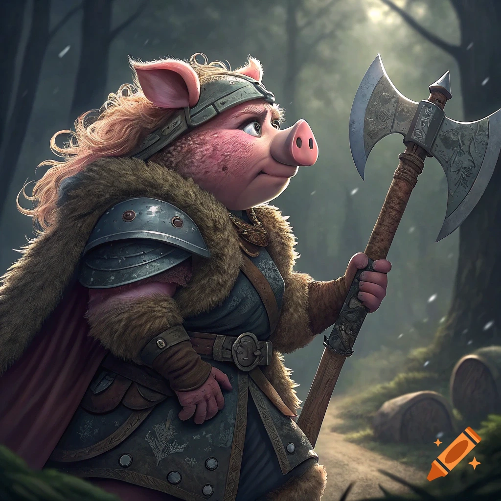 Cartoon pig in barbarian armor holds an axe in a forest.