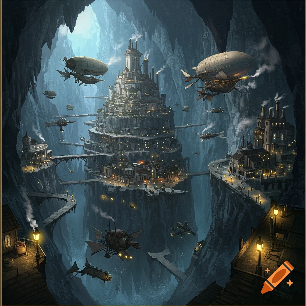 A steampunk city built into the walls of a massive chasm with airships.