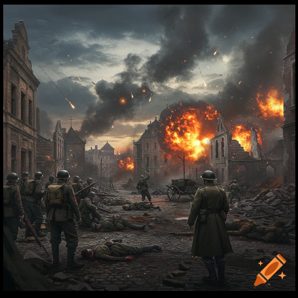 soldiers amidst explosions and destruction in a war-torn city