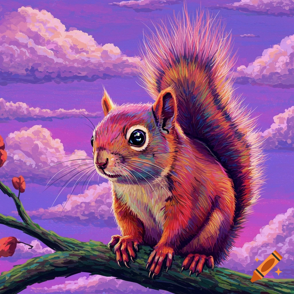 A vibrantly colored squirrel sits on a branch against a purple sky with clouds.