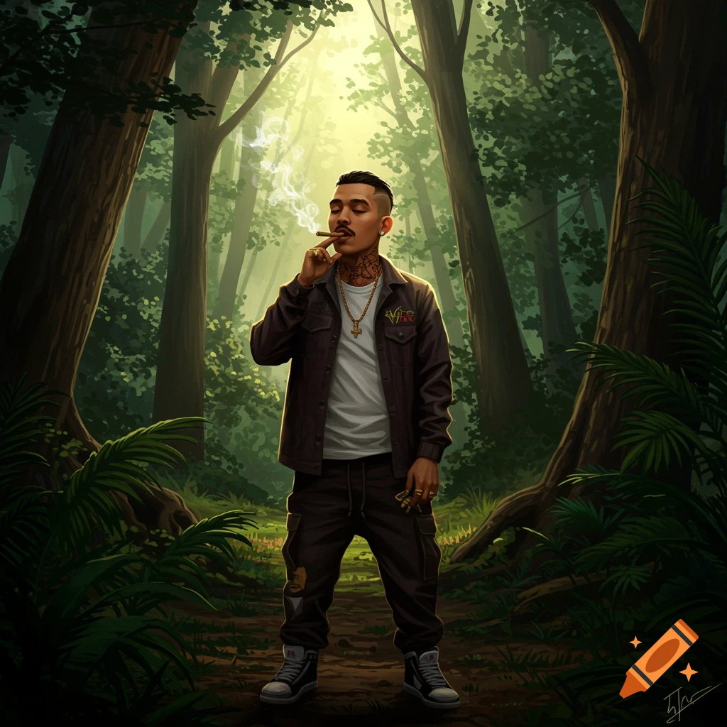 A man with tattoos smoking a cigar in a sunlit forest.