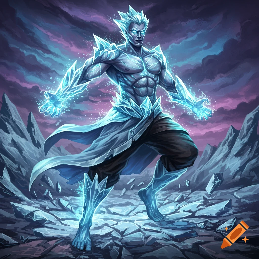 An ice elemental character stands in a stormy mountain landscape