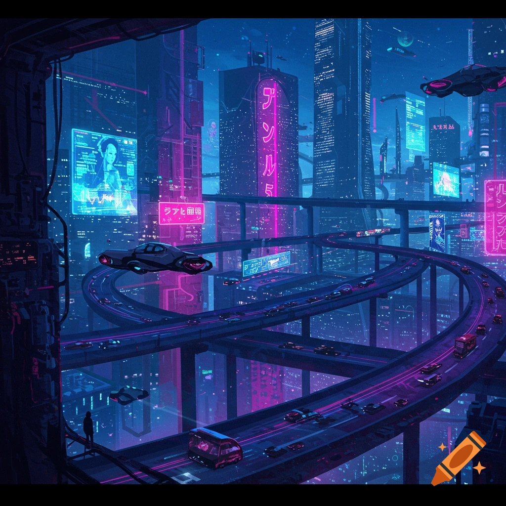 A futuristic city at night with glowing skyscrapers, elevated highways, and flying cars.
