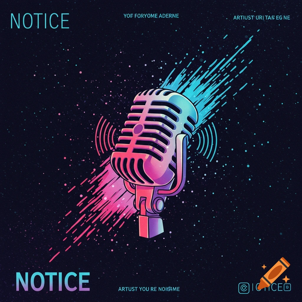 Vector graphic album art featuring a microphone, abstract pink and blue waves, and stars on a dark background. The word 'NOTICE' is visible.
