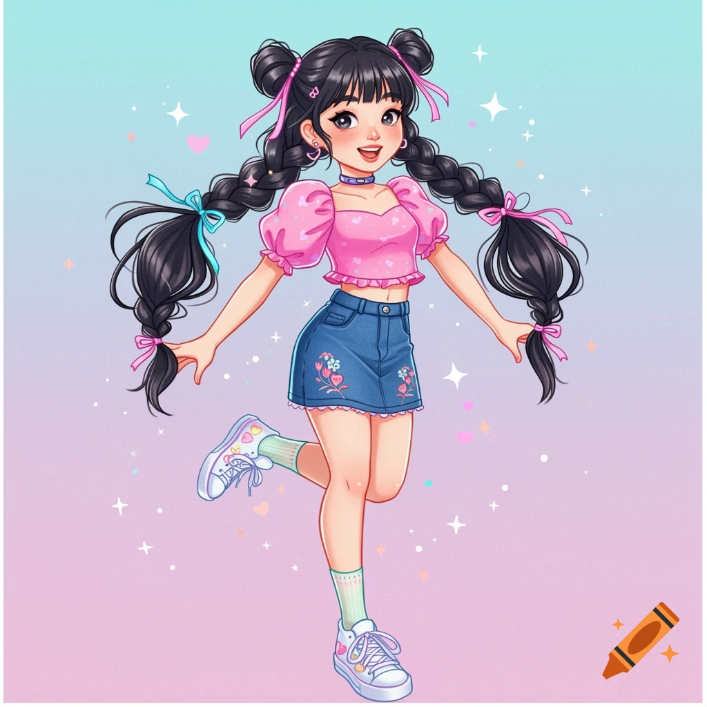 Cartoon girl with braids in pink top and denim skirt against pastel background, anime style
