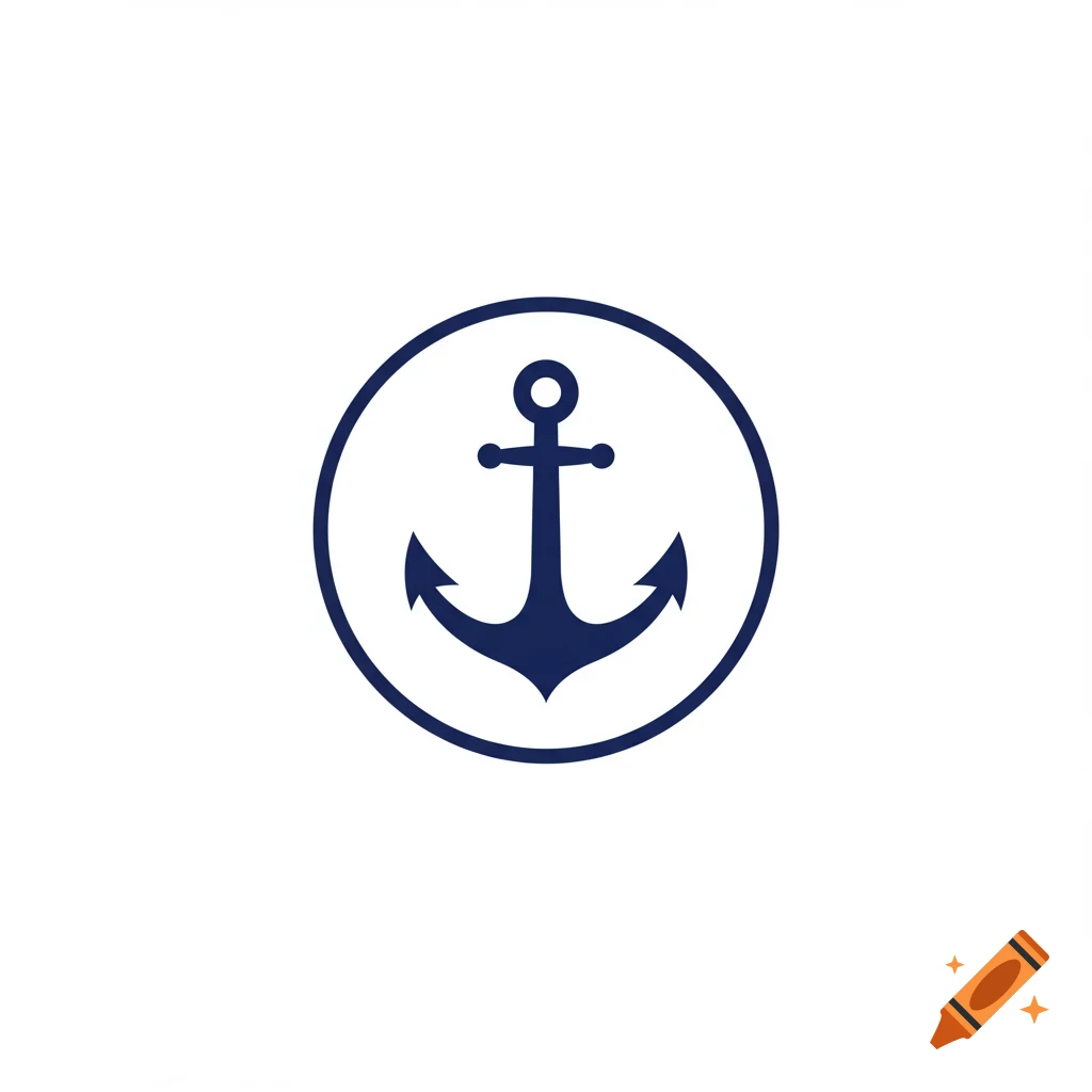 Dark blue anchor without a crossbar inside a white circle logo
