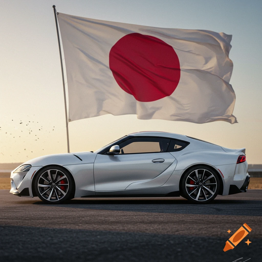 A silver Toyota Supra parked on asphalt with a Japanese flag waving behind it at sunset.