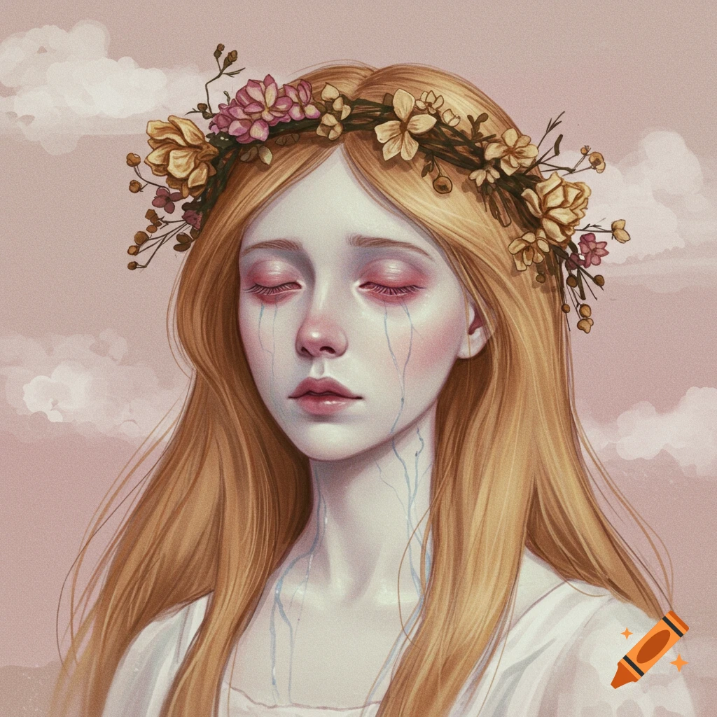 A pale girl with long blond hair wears a flower crown and is crying.