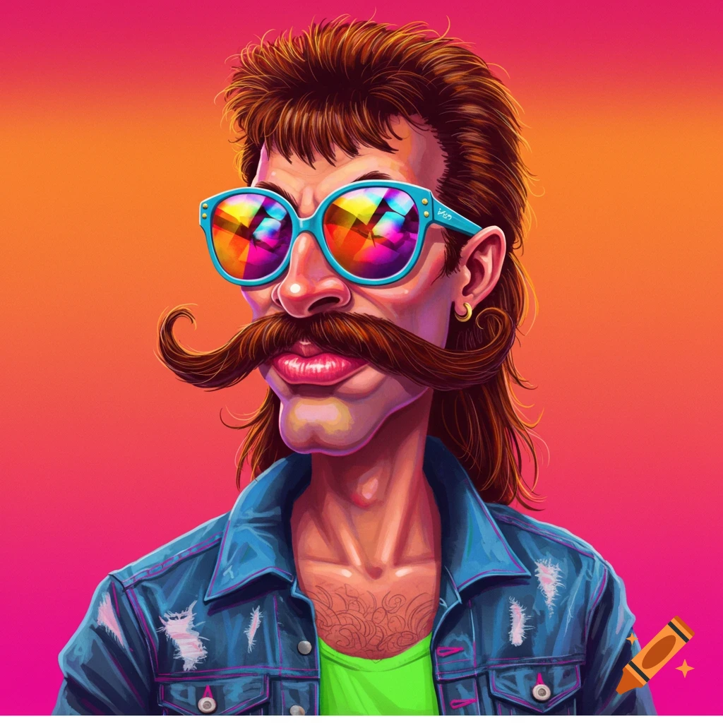A cartoonish portrait of a man with a mullet and a long, pointy mustache wearing reflective sunglasses and a denim jacket.