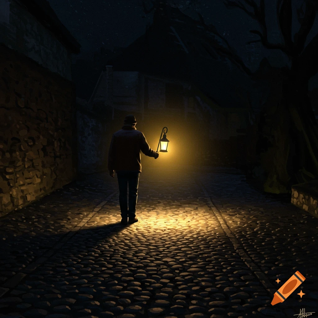 A man walking away into the night, illuminating a cobblestone path with a lantern.