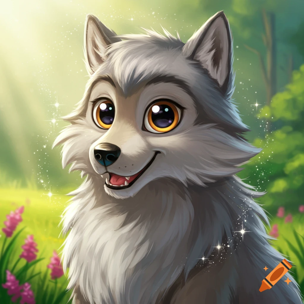 A cute gray cartoon wolf with large eyes smiles in a sparkly forest clearing.