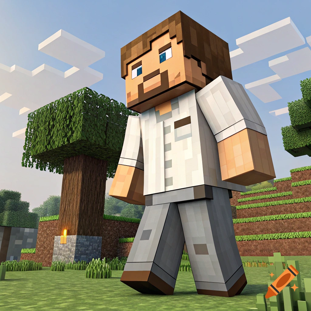 Minecraft character Steve with features resembling Jack Black walking in a blocky landscape