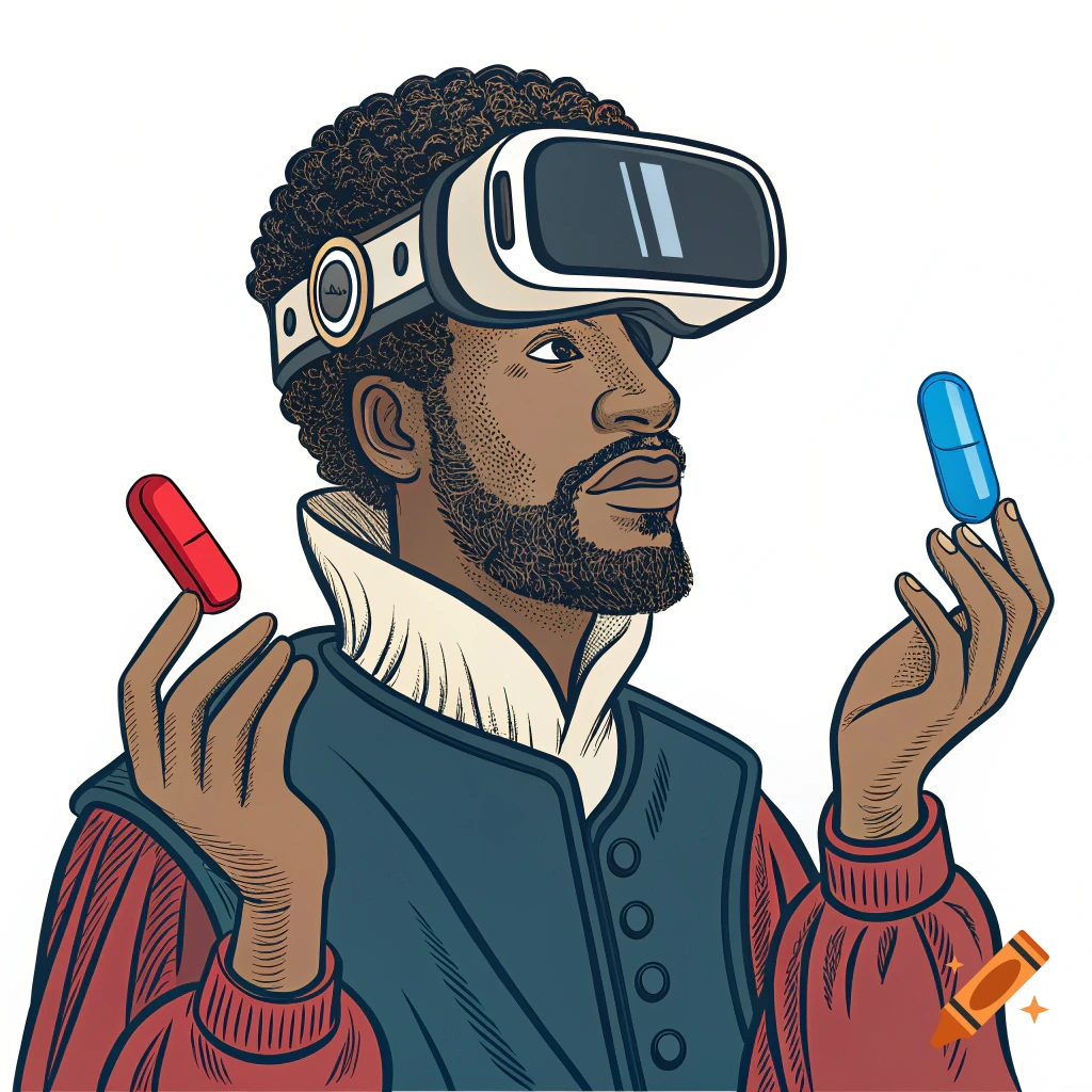 Vector illustration of a man in historical clothing wearing a VR headset and holding red and blue pills.