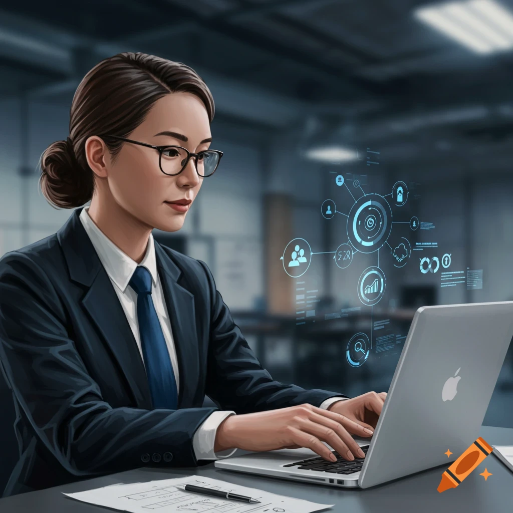 Professional woman in a suit and glasses working on a laptop with abstract data visualizations.