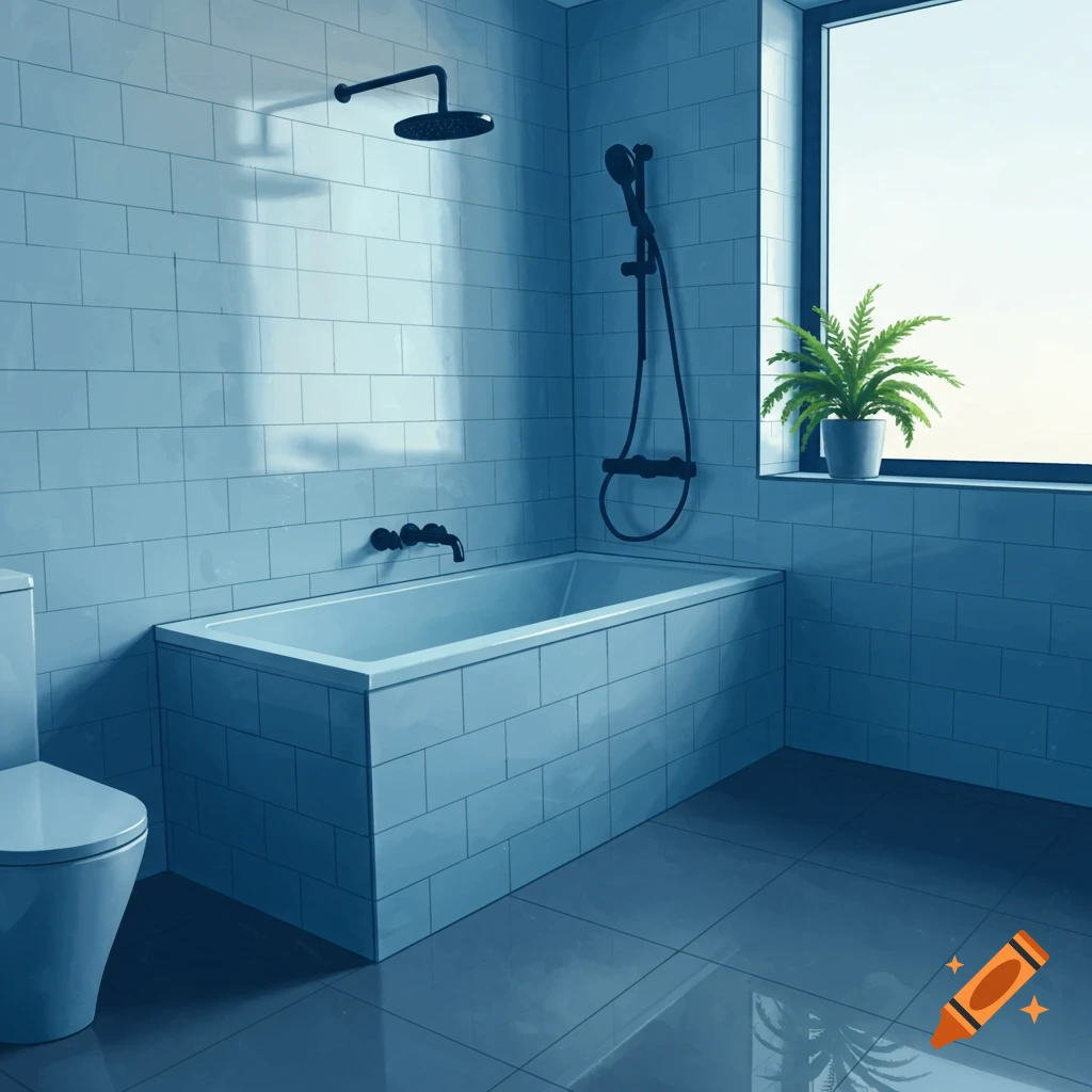A modern bathroom with blue tile, a tub, and a plant on the windowsill.