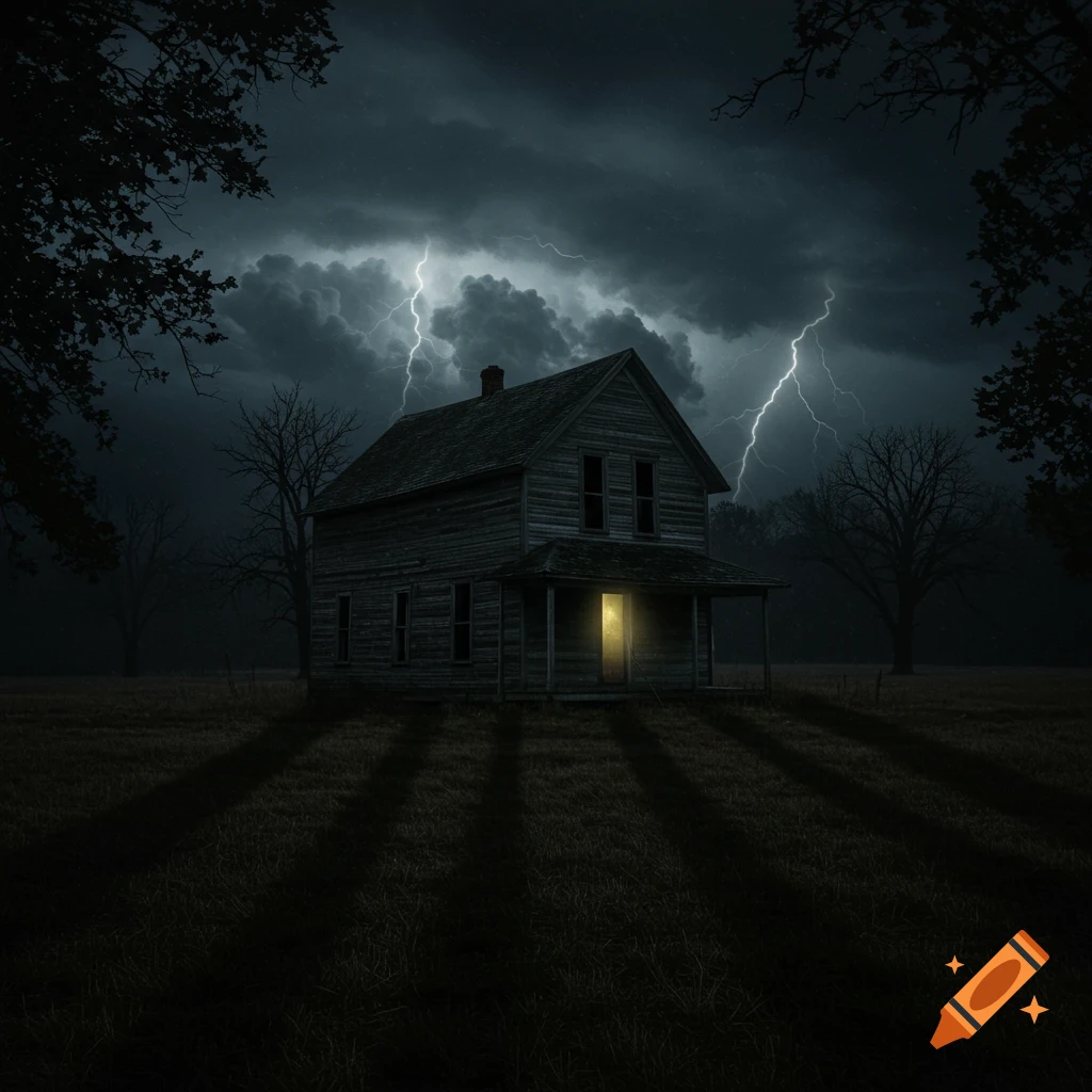 Ominous farmhouse with light in window under dark storm clouds and lightning at night