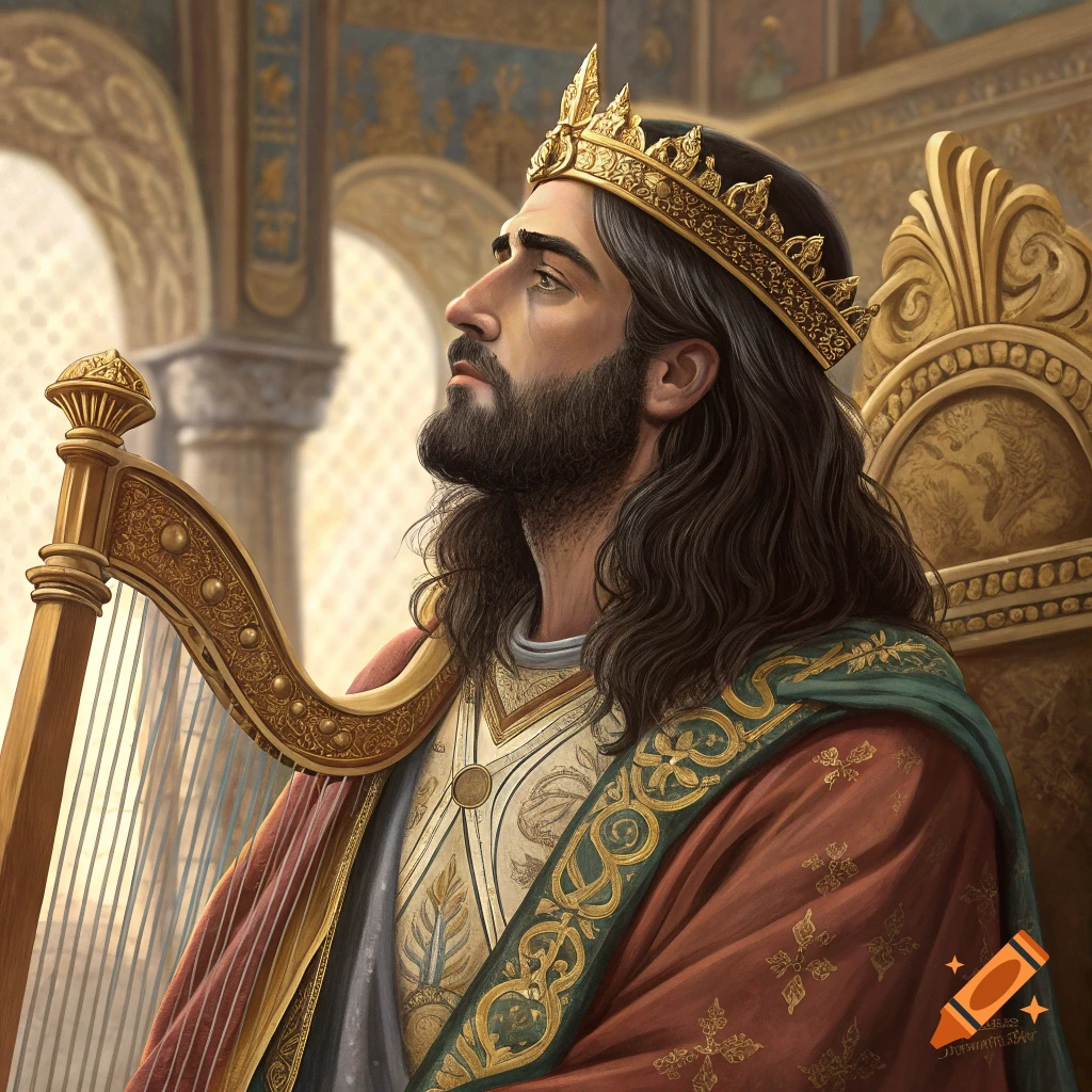 Portrait of a king with a crown and regal robes, playing a harp in a grand hall.