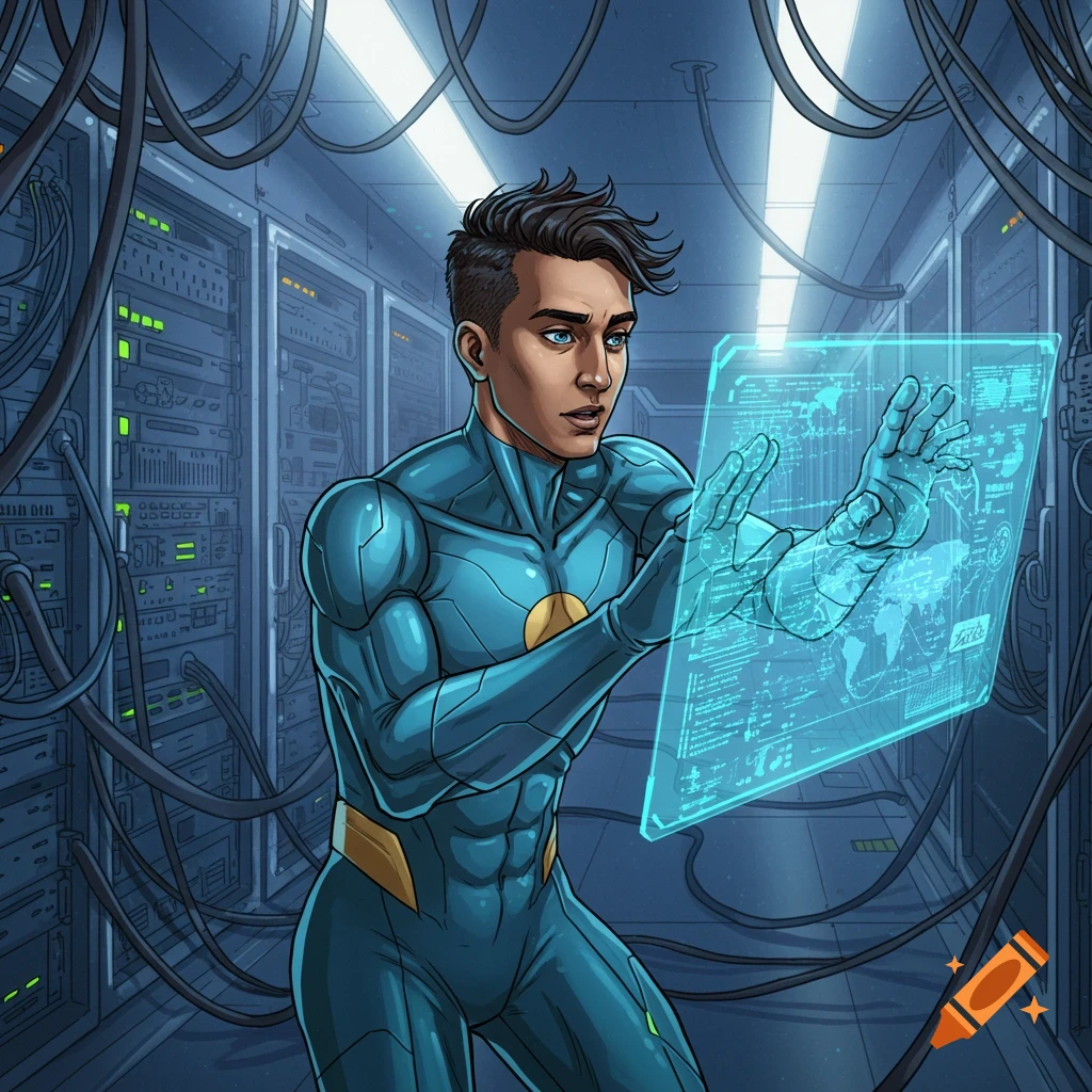 A superhero in a blue suit interacting with a holographic screen in a data server room.