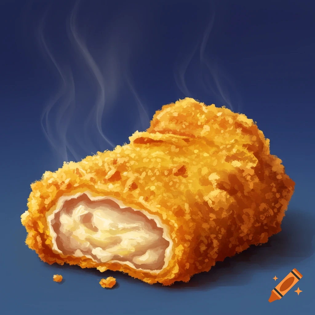 A steaming chicken nugget on a blue background