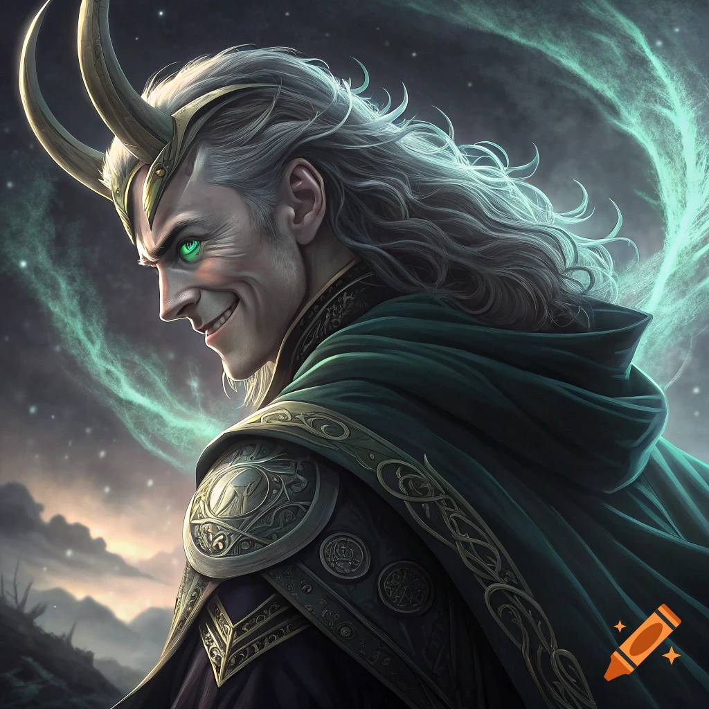 Close-up portrait of Loki smiling, with green eyes, white hair, horns, and fantasy armor against a starry sky.