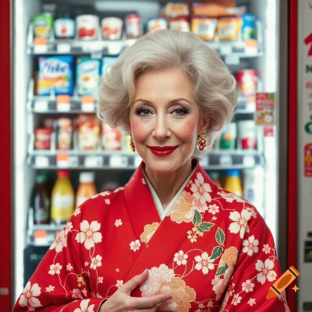 Woman in red kimono standing in front of a vending machine.
