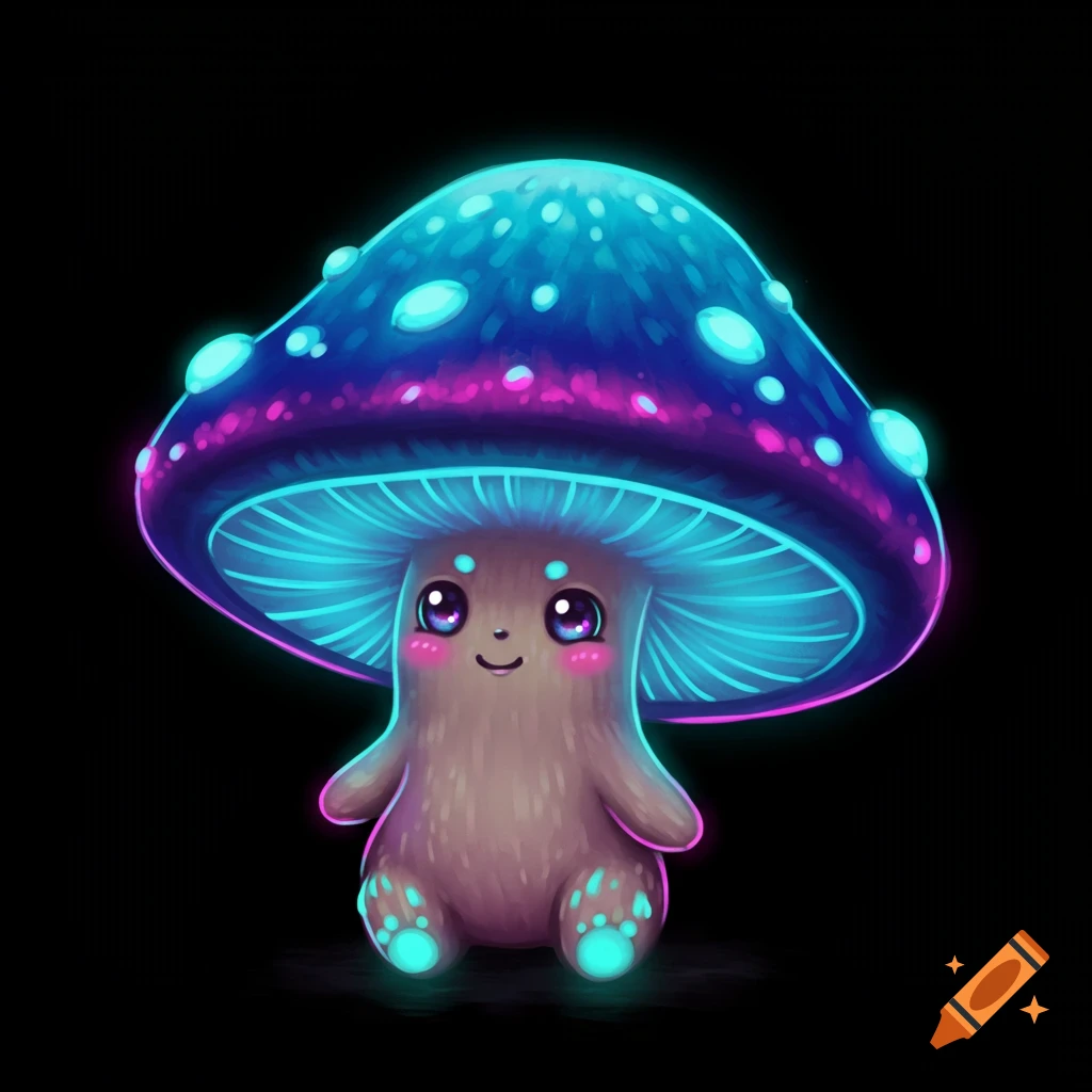 Cute mushroom character with a glowing blue and purple cap on a black background, digital illustration.